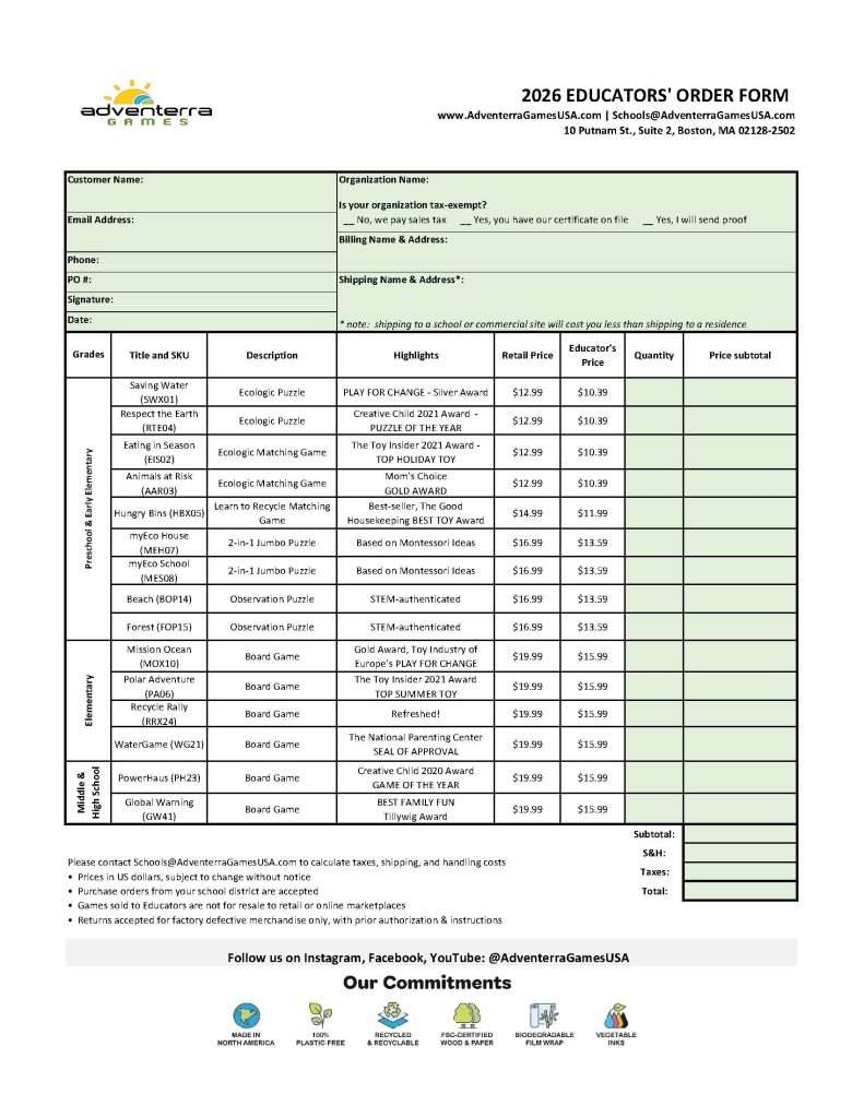 Adventerra Games Order Form for Educators Sept 2026